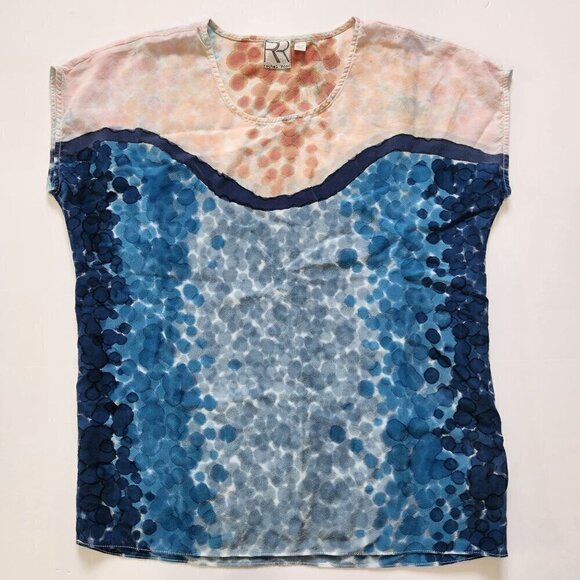 Rachel Rose Silk Blouse Womens S Hand Painted Watercolor Pink Blue Cap Sleeve - Picture 9 of 10